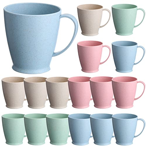 Zopeal 16 Pack Wheat Straw Plastic Coffee Cups Mugs 10 Oz Reusable Plastic Cup Mug with Handle Lightweight Microwavable Dishwasher Safe Unbreakable for Tea Milk Water Juice Coffee (Multicolor)