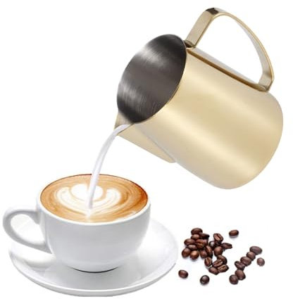 Tasse de CrèMe de Lait, 304 Acier Inoxydable CafetièRe Verseuse Or Cappuccino Machine, CrèMe de Vache, Pot de CrèMe de Lait Multifonction pour Latte Art (350 ML)