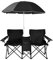 GOPLUS Silla de Camping 2 Plazas con Sombrilla, Sillón Doble con Bolsillo, Portavasos y Bolsa de Transporte, Silla Plegable Portátil para Playa Pesca Barbacoas Picnic (Negro)