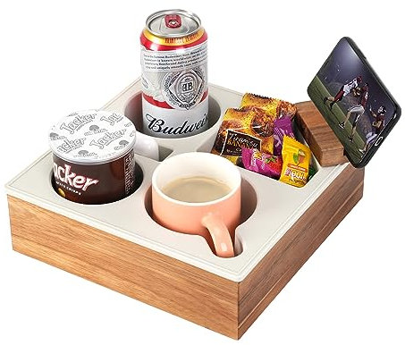 Hitseon Bandeja para sofá, práctica bandeja de silicona suave de madera de acacia para cama, asiento de coche, organizador de playa, impermeable, antiderrames, para aperitivos, bebidas y control