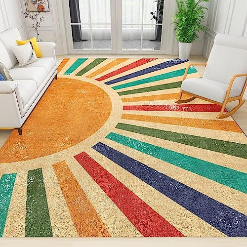 TEMLAN Bunter Boho-Regenbogen Teppiche Gegend, Vintage Abstrakte Kunst Kinderteppich für Drinnen und Draußen Terrasse Balkon Garten Wohnzimmer 80 x 150cm