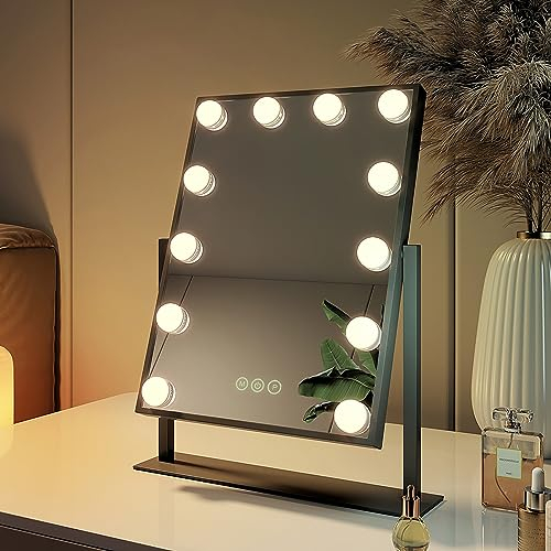 EMKE Hollywood Spiegel Schminkspiegel mit Beleuchtung, 360° Grad Spiegel für schminktisch mit 3 Lichtfarben dimmbar, Speicherfunktion, 12 LED Lampen schminktisch Spiegel 30x41 cm (Schwarz)