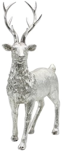 Dekohelden24 Keramik Dekofigur, Moderne Deko-Statue, Landhaus-Skulptur als Hirsch in Silber - Glitzer, stehend, L/B/H: 24 x 10 x 36cm