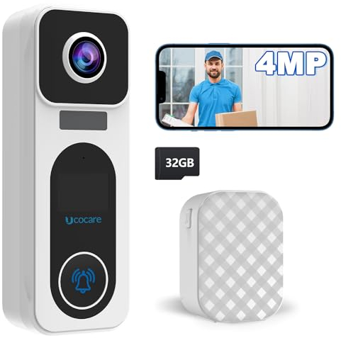 UCOCARE 4MP Citofono senza fili da Esterno, WiFi Campanello, Video Citofono con Telecamera, Scheda Memoria 32 GB Inclusa, Nessun Canone Mensile, Rilevamento Movimento, Visione Notturna, Videochiamata