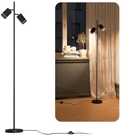 linovum TAVIRA Stehlampe schwarz 2-flammig - Standleuchte modern mit schwenkbaren Köpfen & Fußschalter mit GU10 LEDs warmweiß 2W