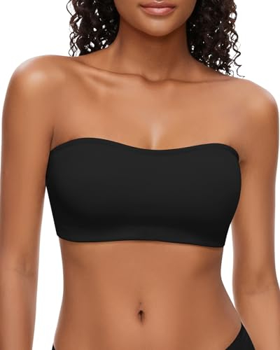 WOWENY Bandeau BH Damen Ohne Bügel Trägerlos mit Transparent Träger Tube Top Rückenfrei Strapless Bra Unsichtbarer BH Nahtlosep Schwarz S