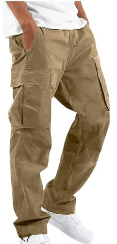 NANAMEEI Pantalon Cargo Homme en Coton Pantalon Outdoor Tailles Grandes Pantalons de Travail Ceinture Elastique avec Multipoches Kaki M