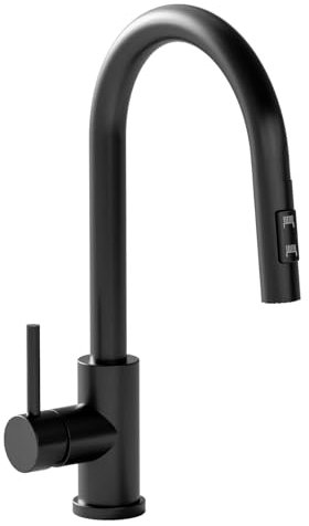Matt Black Kitchen Taps with Pull Out Spray Single Lever Kitchen Sink Tap Gooseneck Taps for Kitchen Sink Tap with Pull Out Hose Single Hole Kitchen Mixer Tap