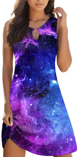 Maxikleid Langarm Muster Damen Plus Size Vintage Bohemian Daily Sommer Casual ärmelloses Pulloverkleid Print Hollow Out O Neck Sommerkleid Cover Up Strand Minikleid Kleider Für Damen (A1-Purple, L)