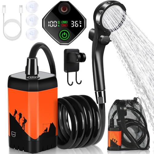 MIAOKE Upgrade Portable Camping Shower, 7800mAh Outdoor Electric Shower Rechargeable Pump with Intelligent Digital Display Temperature Display Shower Head for Camping, Hiking, Traveling/Orange