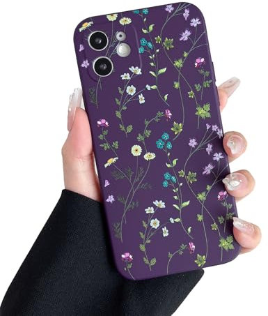 RALEAVO Flower Case for iPhone 12, Liquid Silicone Shockproof Protection Case Cover for Girls Women with Aesthetic Cute Floral Patterns Soft Slim Phone Case for iPhone 12 6.1-Purple