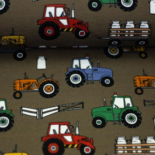 Baumwolljersey THEO – Traktoren-Motiv für Jungen – Jersey Stoff Meterware ab 50 cm – Öko-Tex Standard 100 – elastisch & weich – ca. 160 cm breit – 3 Farben (schlamm)