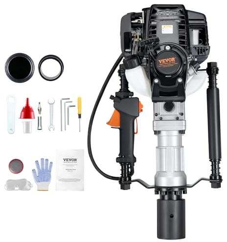 VEVOR 37.77cc Gas-Powered T Post Driver, 4-Stroke Engine Gasoline Fence Piling Pounder, with 2 Post Driving Head(55/70 mm), 1000W Portable Piledriver for Farm, Ranch Fencing, Road Improvements