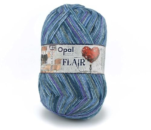 Opal Flair 4-fädiges Garn - Wollmischung, zum Stricken von warmen Socken, Pullovern, Mützen, Handschuhen und Schals, 11480 Blau/Grau, 1 x 100g