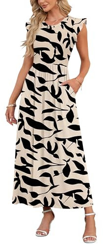 AUSELILY Women Summer Maxi Dress Ruffle Petal Short Sleeve Dresses with Pockets Casual Crew Neck Beach Long Dress Elegant Apricot Black Leaf L