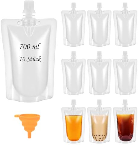 Neylokfen Trinkbeutel 10 Stück 700 ml Festival Trinkbeutel Faltbare Getränkebeutel Auslaufsicher Wiederverwendbar Transparenter Saft Trinkbeutel für Camping, Reisen, Festivals, Partys (Transparenter)