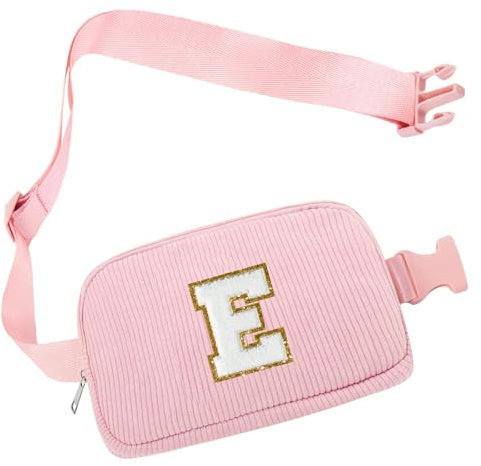 Bauchtasche Gürteltasche Damen, Cord-Crossbody Bag, Brustbeutel Umhängetasche, Schultertasche mit Schultergurt für Outdoor Sport Laufen Reise Fahren Wandern, Initialen E Geschenke für Frauen Mädchen