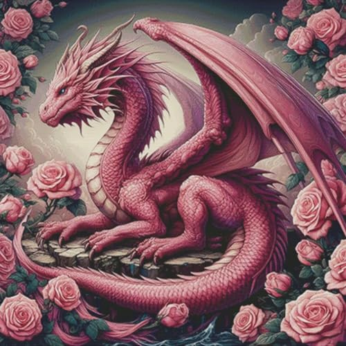 HKLIOPU Kreuzstich Set Vorgedruckt,11 CT Kreuzstich Stickpackungen,Rosa Drache DIY Stickbilder Vorgedruckt Kreuzstich für Wandkunst-Heimdekoration 40x40cm