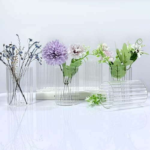 Sahallo kleine Vasen 6 Stück für tischdeko Glaszylinder mini Blumenvase Set Gestreift 10 cm kleine Glasvase Set für Blumen als Tischdekoration Gastgeschenke Hochzeitsdekoration (10 cm Vasen Set)