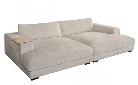 KAWOLA Big Sofa Megacouch Madeline - Couch XXL mit Holztablett und Cordbezug in Cremeweiß, inklusive Armlehnenablage