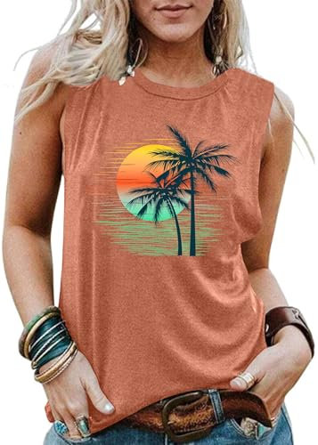 VVNTY Hawaiian Tank Tops for Women Palm Trees Beach Vest Sunset Graphic Tops Summer Vacation Sleeveless Outfits (Orange1,L)
