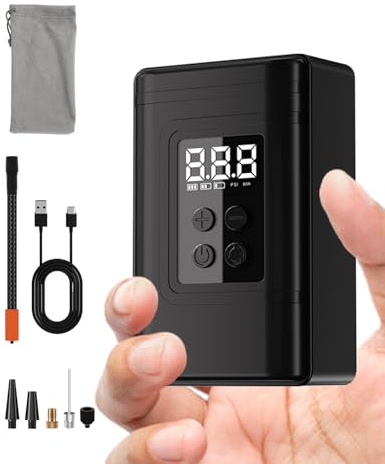 Tyre Inflator Air Compressor, Electric Bike Pump 150PSI Auto-Off Rechargeable Car Pump with LED Light, Smart Electric Digital Tyre Pump 4 Nozzle for Car/Ball/Bike/Motorcycle (Black)
