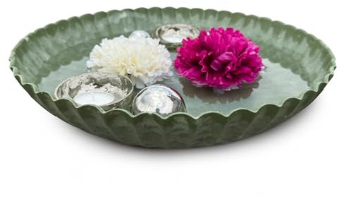 matches21 HOME & HOBBY Miniteich Komplettset mit Ø 35 cm Pflanzschale in Grün geriffelt mit Schwimmkugeln & Teelichtschalen Silber