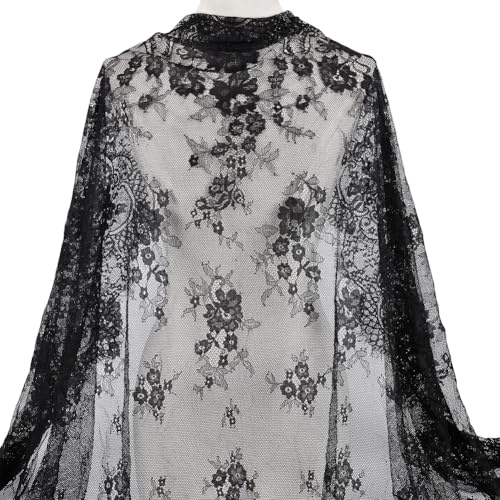 CABODYALS 3 m 168cm Schwarzer Spitzenstoff Mit Wimpernstickerei Blumenmuster Material Netz Durchsichtig Vintage Weicher Dekostoff Zum Nähen Herstellen von Hochzeitskleidung Kleidern Dekoration DIY Bas