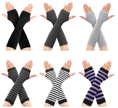 Zhamate 6 Pairs Punk Gothic Long Fingerless Gloves Striped Knit Arm Warmers Elbow Length Thumb Hole Gloves for Women