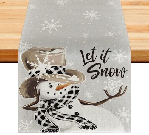 Tischläufer Weihnachten Modern – Grauer Weihnachtstischläufer mit Schneemann Motiv, Tischdecke Weihnachten aus Hochwertigem Stoff, Waschbar Weihnachtsläufer Tisch Deko für Esszimmer & Küche