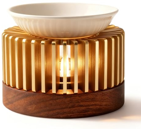 Ruioomeep Duftlampe Teelicht, Duftlampe für Ätherische Öle Mit Keramikschale & Massivholzsockel, Duftlampe Ambiente aus Aluminium, Kann als Stövchen verwendet Werden, Aromalampe, Aroma Diffuser