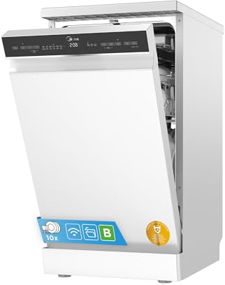 Midea Geschirrspüler 45 cm Freistehend & Unterbaufähig 10 Maßgedecke EEK B | Spülmaschine 42 dB Leise, Auto Open Türöffnung, HygienePlus, Ion Dishfresh, WLAN App-Steuerung, 9 Programme, Startzeitvorwahl