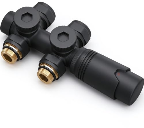 Mai & Mai Multiblock mit Thermostat für Heizkörper in Sandschwarz | Heizkörperventil Armaturen-Ventil Eck- und Durchgangsventil für 15 mm/16 mm Rohre, Thermostatventil G1/2 Ventil-03