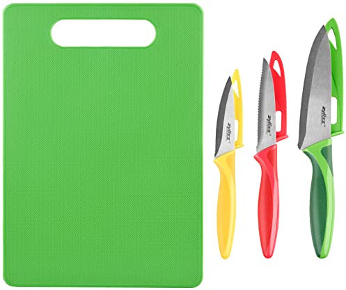 Zyliss E910047 Juego de Cuchillos con Tabla de Cortar de 4 Piezas, Múltiples Tamaños, Acero Inoxidable, Multicolor/Negro, Cuchillos de Cocina Multiusos, Apto Para Lavavajillas