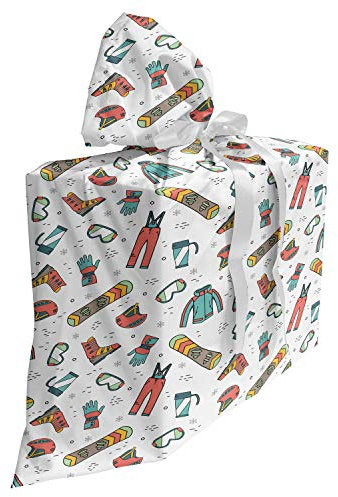 ABAKUHAUS Wintersport Baby Shower Geschänksverpackung aus Stoff, Snowboard Skifahren, 3x Bändern Wiederbenutzbar, 70 x 80 cm, Mehrfarbig