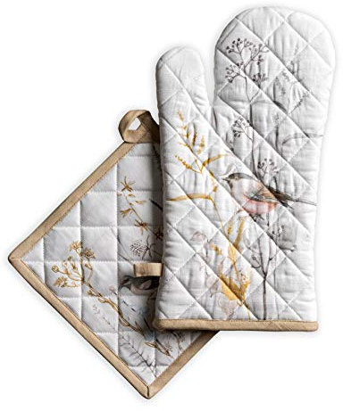 Maison d 'Hermine Meadow Florals-Beige Set di guanti da forno 100% cotone (19cm x 33cm), con presina (20cm x 20cm) per cucinare, forno a microonde, barbecue, primavera/estate, Festa della mamma