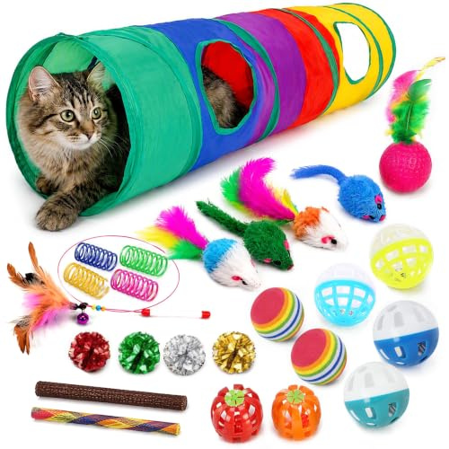 iCAGY 25 Pcs Cat Toys for Cats, Indoor Kittens - Interactive Variety Pack, 45 inches Rainbow Cat Tunnel, Feather Teaser, Feather Golf, Mice, Springs, Balls, Noise Toys - Rainbow/Colorful 45