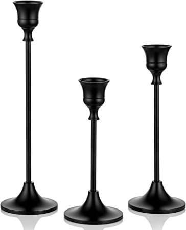 Romadedi kerzenständer Metall Schwarz 3er Set - Vintage Deko Kerzenhalter in Unterschiedlicher Größe Retro Kerzen Ständer für Stabkerze Spitzkerzen Hochzeit Party Weihnachten Tischdeko 15/19/24cm