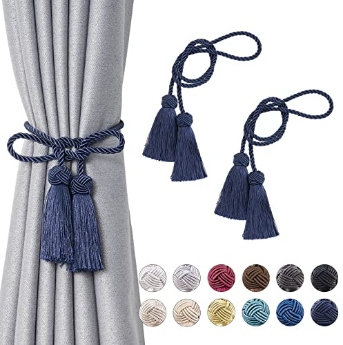 Pretty Jolly Double‑Ended Tassel Curtain Tiebacks, European‑Style Rope Knot | Elegant decorative holdbacks fit home & office window drapery, fine window accessory, 2 Pack, Dark Blue