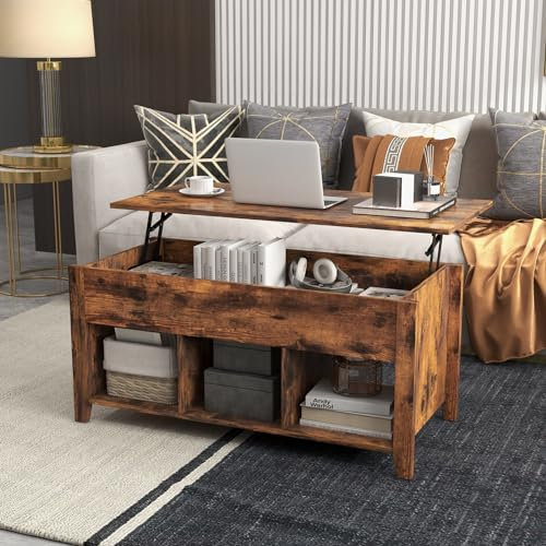 GOPLUS Table Basse de Salon à Plateau Relevable Moderne, Vérin à Gaz, Table Basse Transformable avec Compartiment Caché 105x52x63CM (3 Bacs, Industriel)