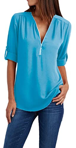 XKUN T Shirt Frauen Lose Bluse Für Frauen Multicolor Hemd V-Ausschnitt Reißverschluss Langarm Simple White Black-Bleu Ciel,M