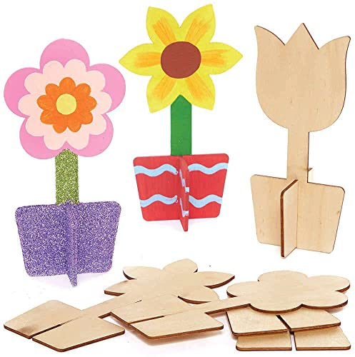 Baker Ross FC727 Blume Holz Bastelset - 6er Pack, Kleine Bausätze für Kinder zum Basteln