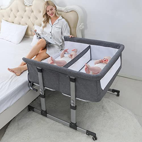 Ihoming Doppelstubenwagen für 2 Babys, Twins Infant Co Sleeper Nachttisch Kinderbett lässt sich am Bett befestigen, Grau