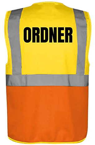 Fassbender-Druck WARNWESTEN - Sicherheitsweste GELB/ORANGE mit Taschen und Reißverschluss nach EN ISO 20471 zertifiziert - Warn Weste für Ordner - Unisex mit hochwertigem Reflektorstreifen