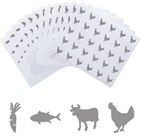 OLYCRAFT 2400 calcomanías plateadas de 4 estilos de comida de 0.5 pulgadas, calcomanías de elección de alimentos, calcomanías de vaca/pollo/pescado/zanahoria para suministros de fiesta de boda