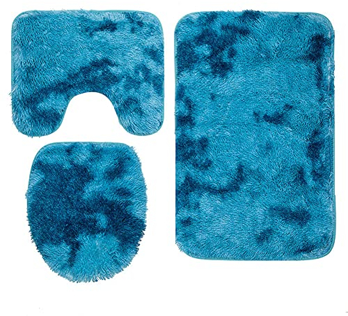 Reyox Badvorleger Set 3 Teilig, Weiche Hochflor Badematte rutschfest, Mikrofaser Flauschig Badteppich für Toilett WC Badezimmer Tie Dye Blau 3 STK