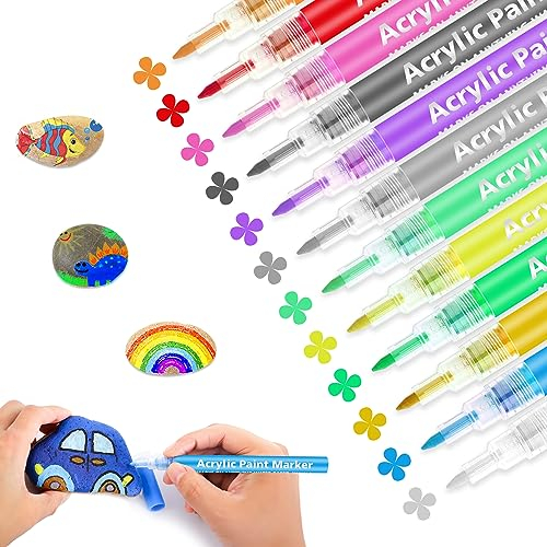 Autoau Feutre Acrylique, 12 Couleurs Marqueur Peinture Acrylique Stylo Peinture Permanent Imperméables Crayon Feutre pour Galet Bois Pierre Céramique Toile Papier Métal Céramique
