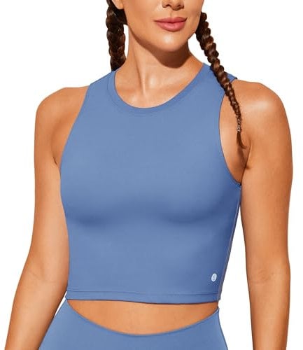 BAYDI Sports Bra Removable Padded Crop Tops High Neck Tank Tops with Built in Bra Longline Yoga Workout Top Blue