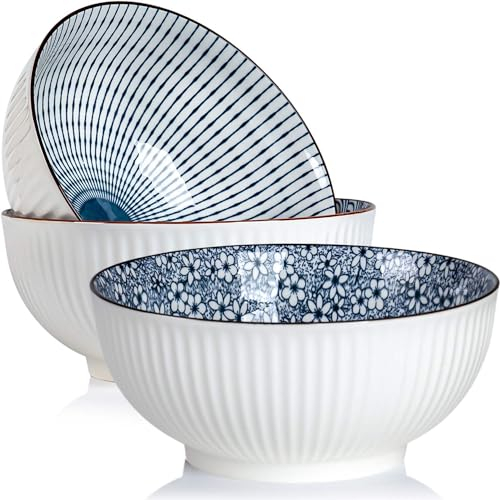 Qinlang Lot de 3 grands bols à soupe de 1,7 l, bols à ramen japonais en porcelaine bleue et blanche, 20,3 cm