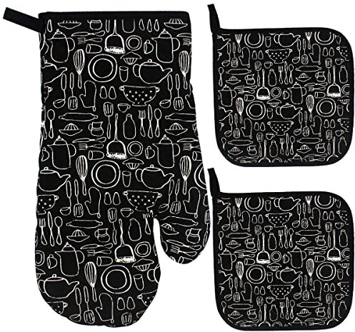 Tibapla Lot de 3 Pièces Gants de Four en Coton résistant à la Chaleur Maniques Cuisine Anti Chaleur, Gants de Cuisson Anti-Brûlure Convient pour la Cuisson, Le Barbecue, Le Micro-Ondes, Noir